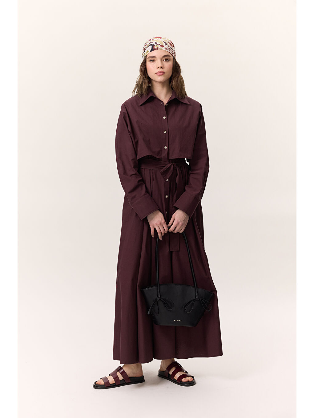 Trenç Tarz Gömlek Elbise Bordo-5