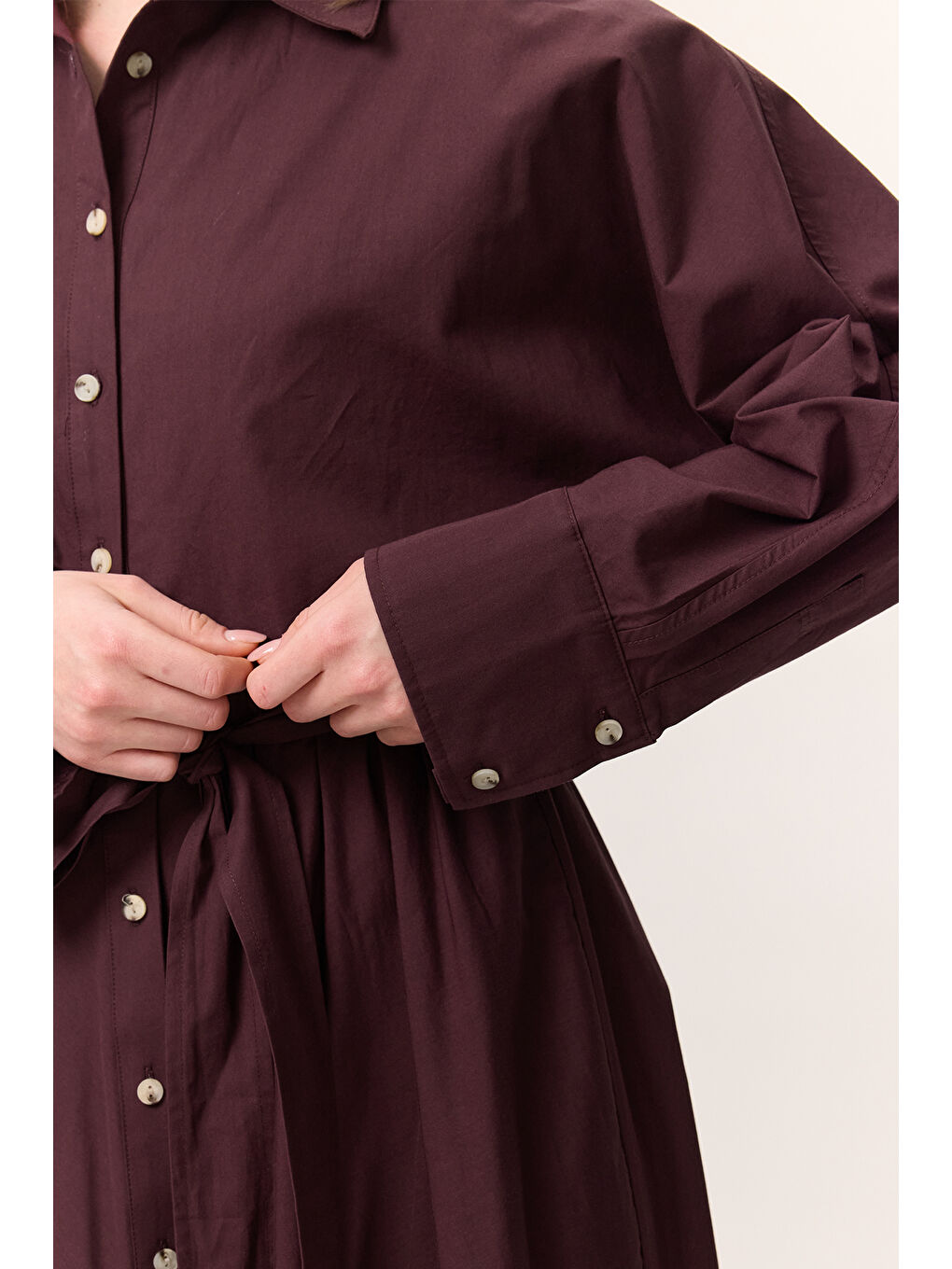 Trenç Tarz Gömlek Elbise Bordo-6