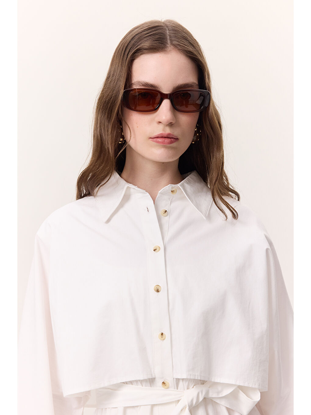 Trenç Tarz Gömlek Elbise Ekru-5