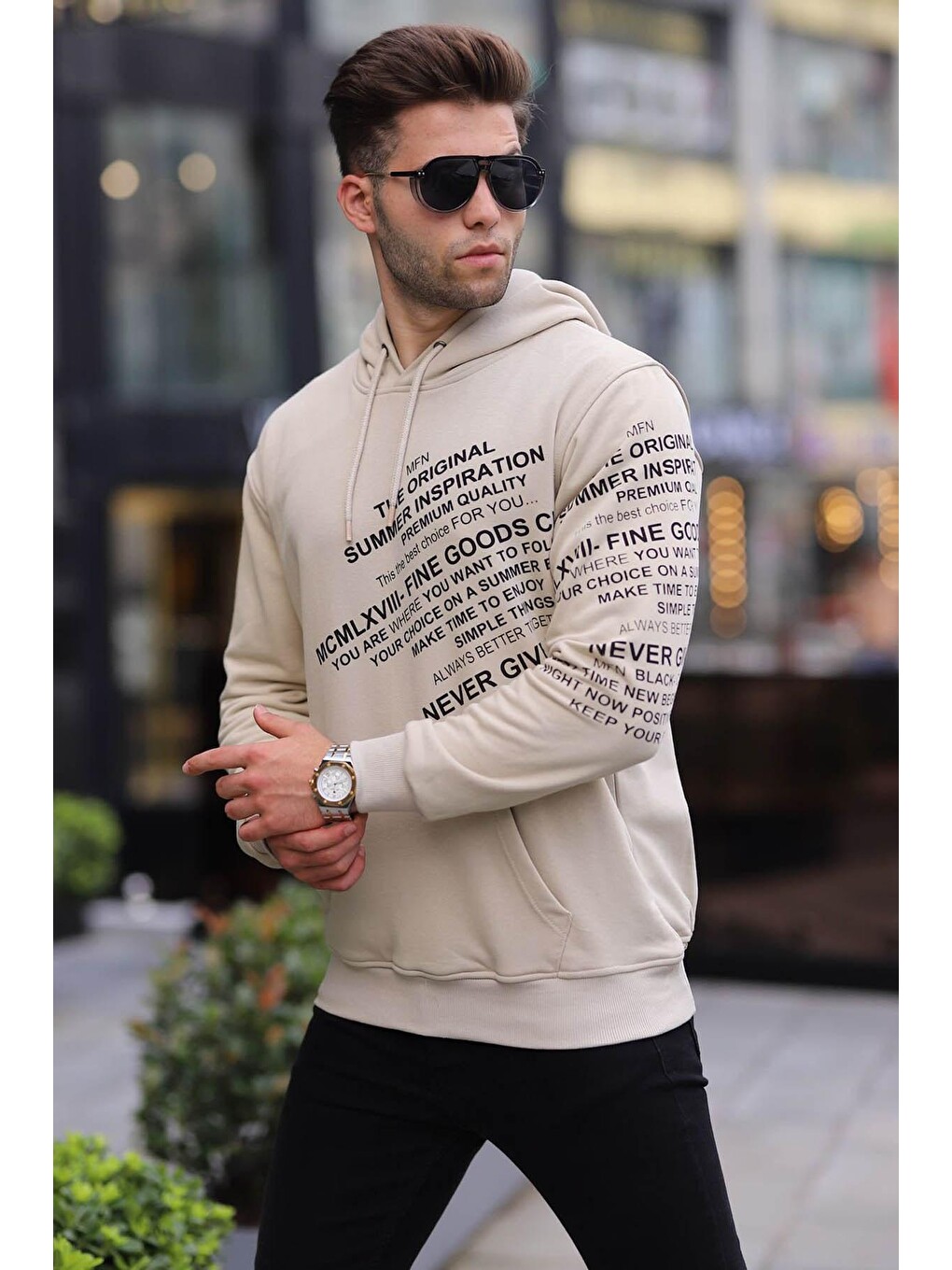 Bej Baskılı Kapüşonlu Sweatshirt 6009