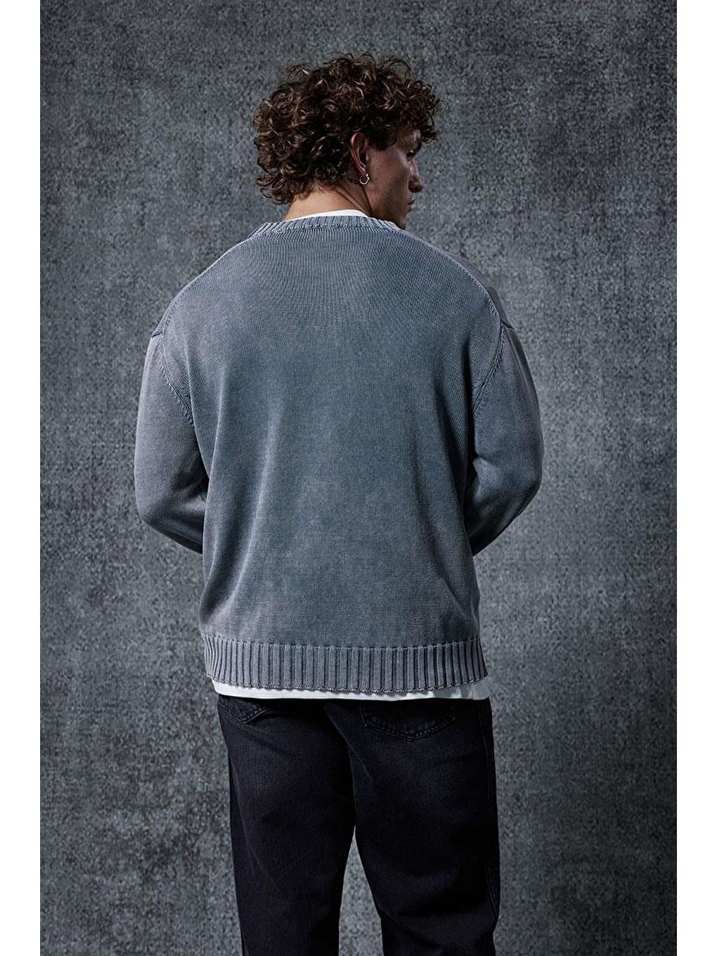 Erkek Oversize Bisiklet Yaka Basic Triko Kazak Gri-4