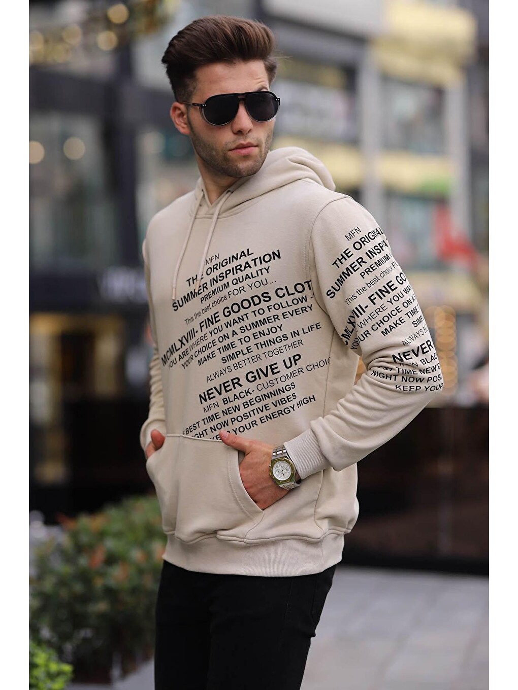 Bej Baskılı Kapüşonlu Sweatshirt 6009-1