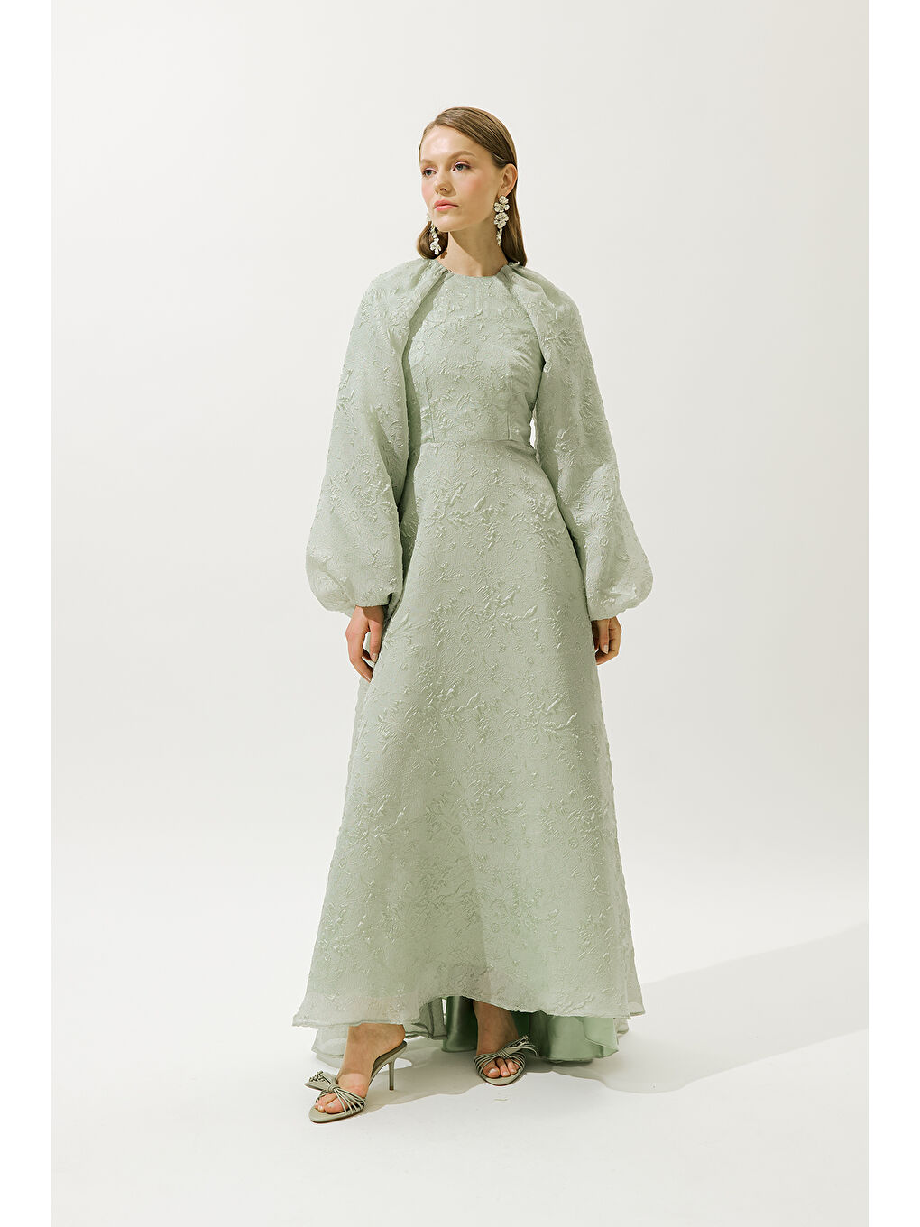 Yeşil Jakar Organze Abiye Elbise Mint-1