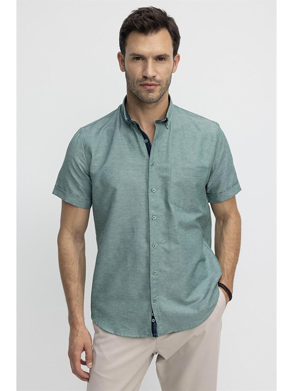 Tudors Klasik Fit Kısa Kol Düğmeli Yaka Poplin Oxford Erkek Yeşil Gömlek