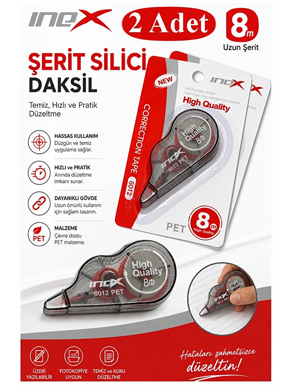 Şerit Daksil Beyaz 5mmx8 Metre 2 Adet İnox Şerit Düzeltici Şerit Silici Yazı Silici Büro Ofis Okul