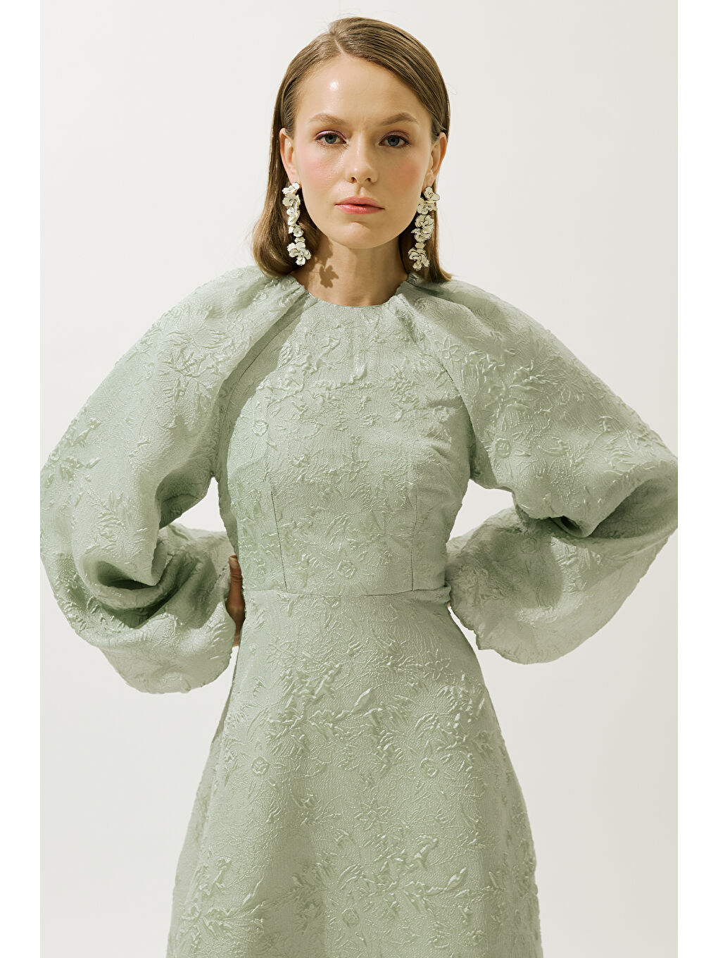 Yeşil Jakar Organze Abiye Elbise Mint-2