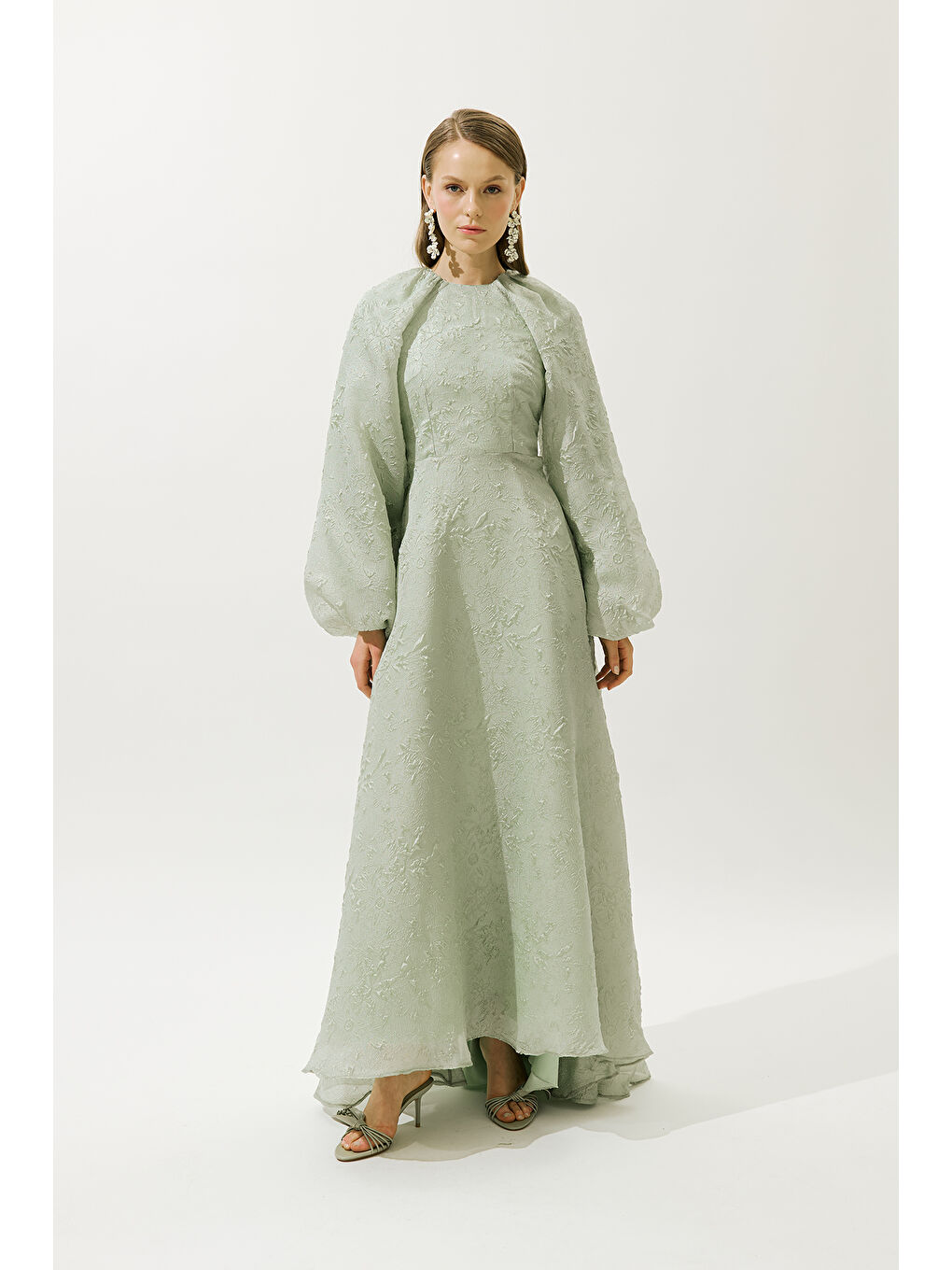 Yeşil Jakar Organze Abiye Elbise Mint-3