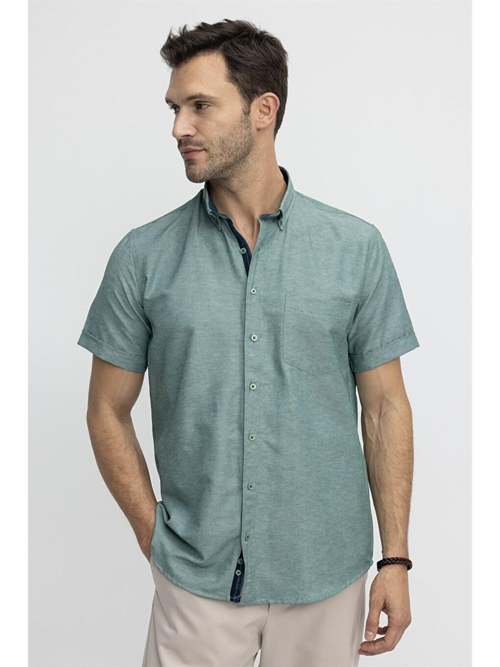 Tudors Klasik Fit Kısa Kol Düğmeli Yaka Poplin Oxford Erkek Yeşil Gömlek-1