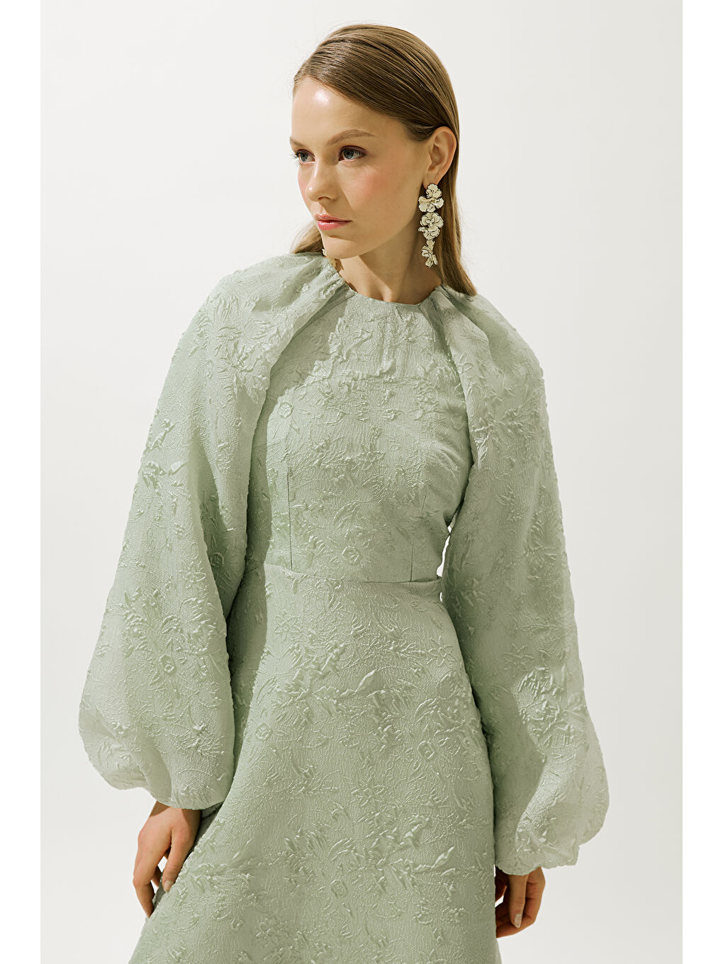 Yeşil Jakar Organze Abiye Elbise Mint-4