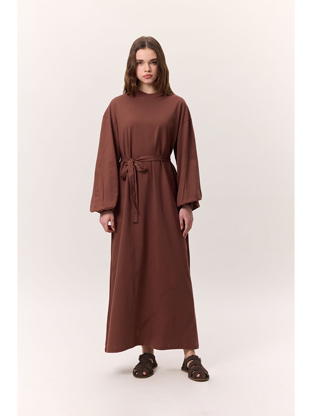 Kahverengi Balon Kollu Uzun Rahat Elbise Ağaç Kabuğu-1