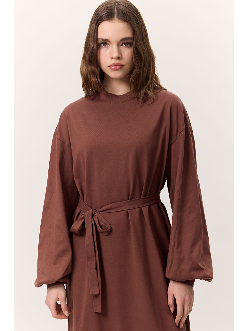 Kahverengi Balon Kollu Uzun Rahat Elbise Ağaç Kabuğu-2