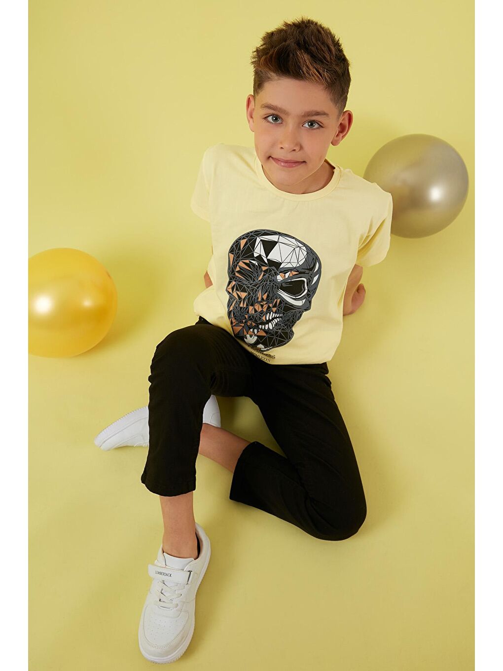 Sarı Baskılı Bisiklet Yaka Pamuklu T Shirt 6211012