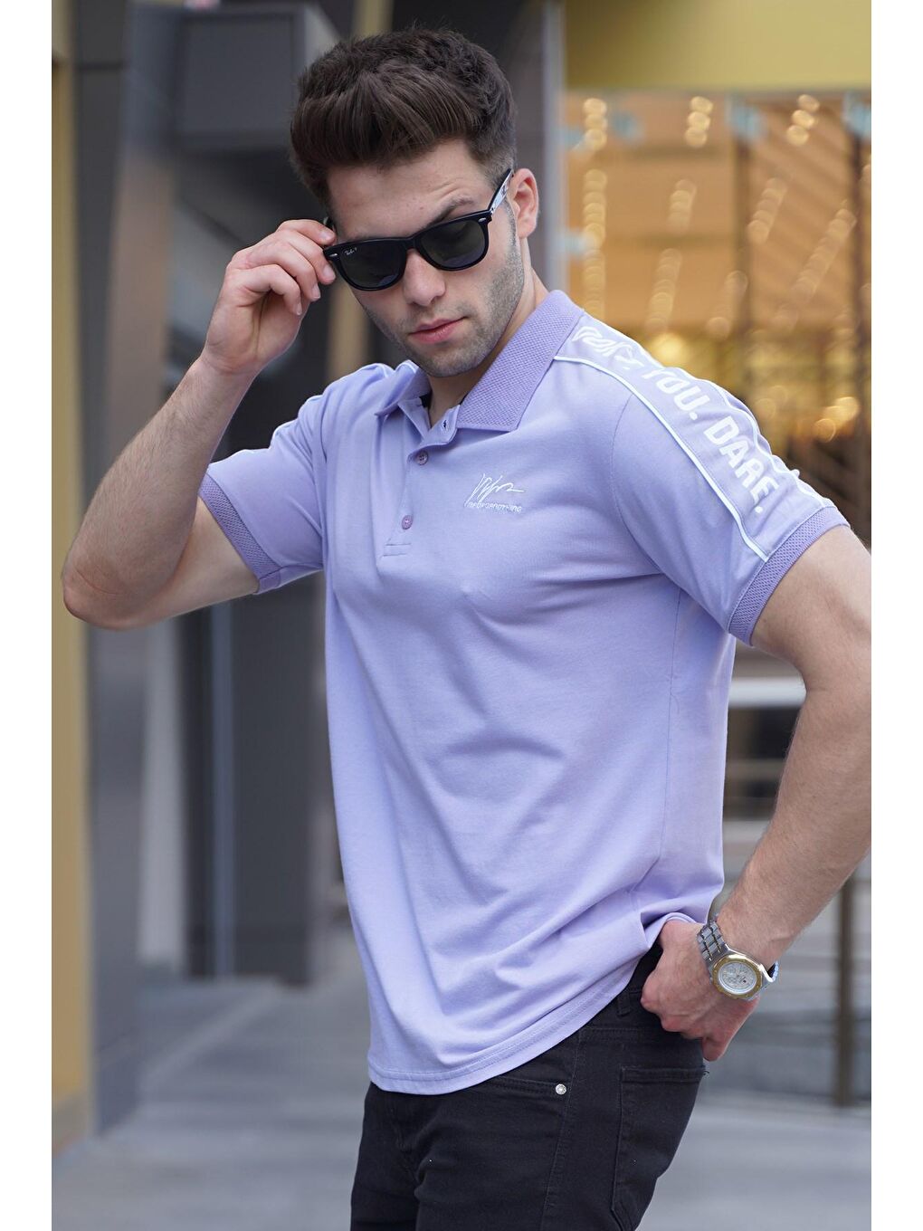 Lila Kol Detaylı Nakışlı Polo Yaka Tişört 5892-1