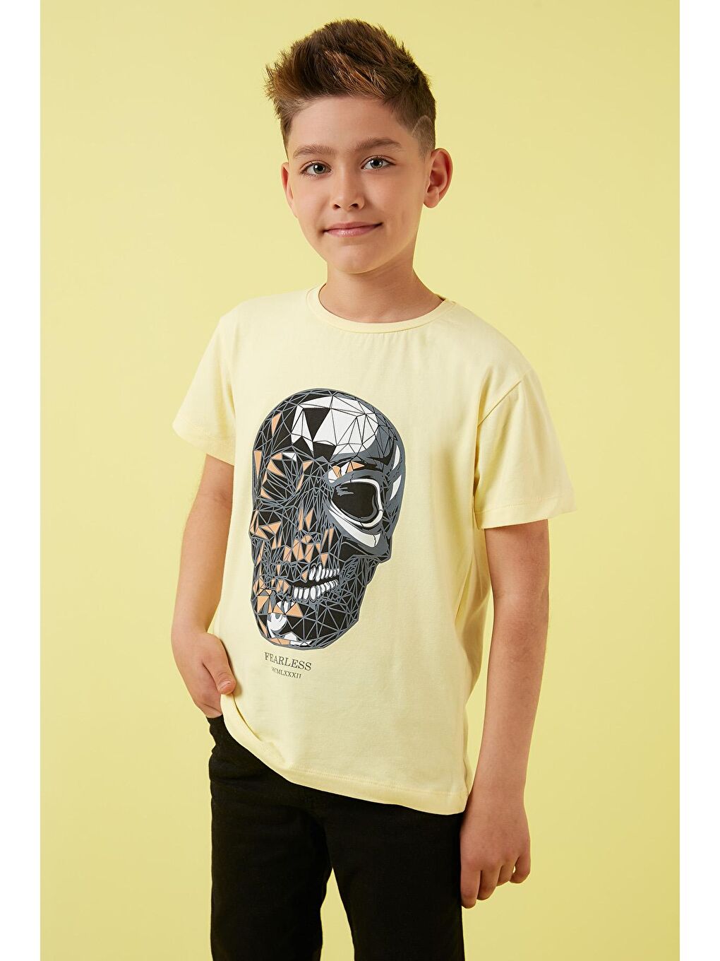 Sarı Baskılı Bisiklet Yaka Pamuklu T Shirt 6211012-1