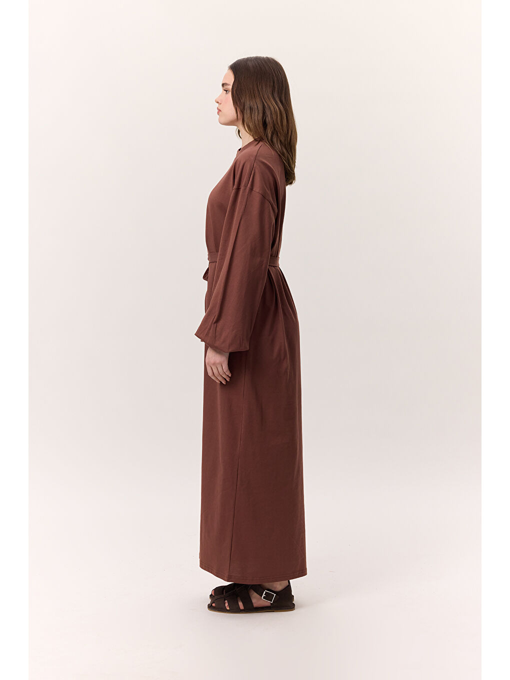 Kahverengi Balon Kollu Uzun Rahat Elbise Ağaç Kabuğu-3
