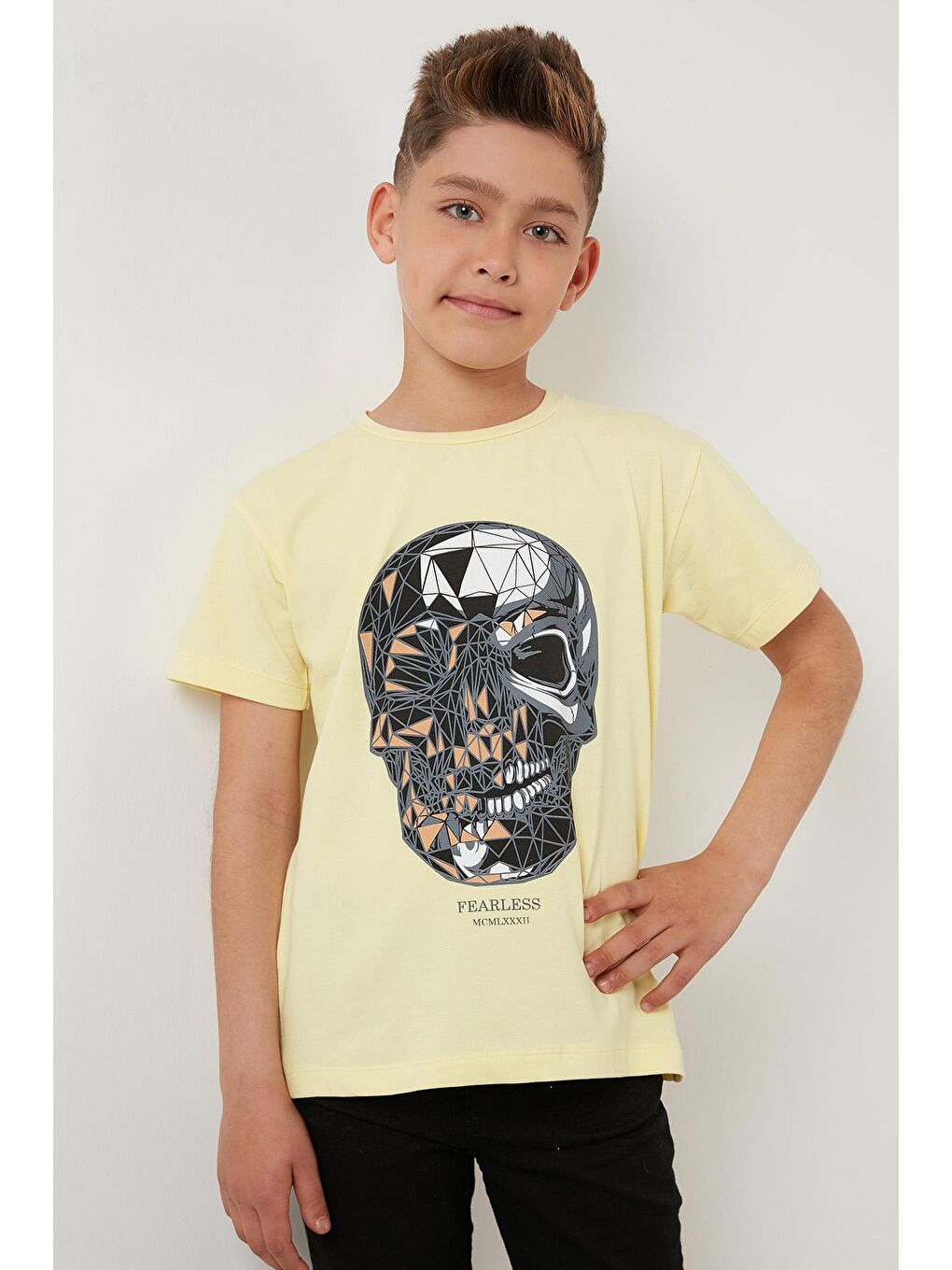 Sarı Baskılı Bisiklet Yaka Pamuklu T Shirt 6211012-2