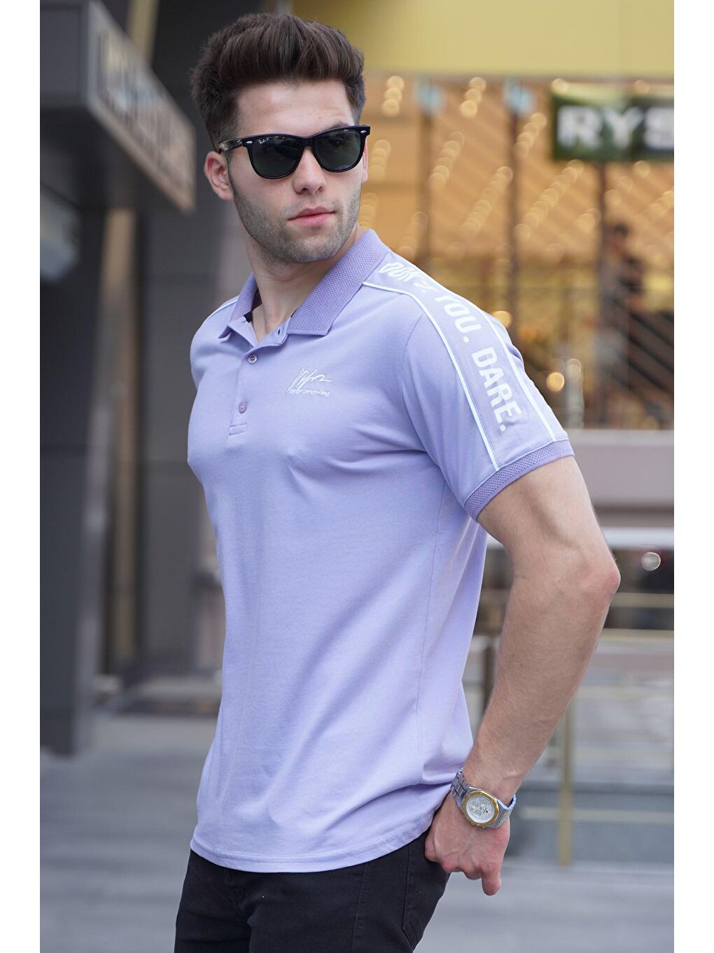 Lila Kol Detaylı Nakışlı Polo Yaka Tişört 5892-2