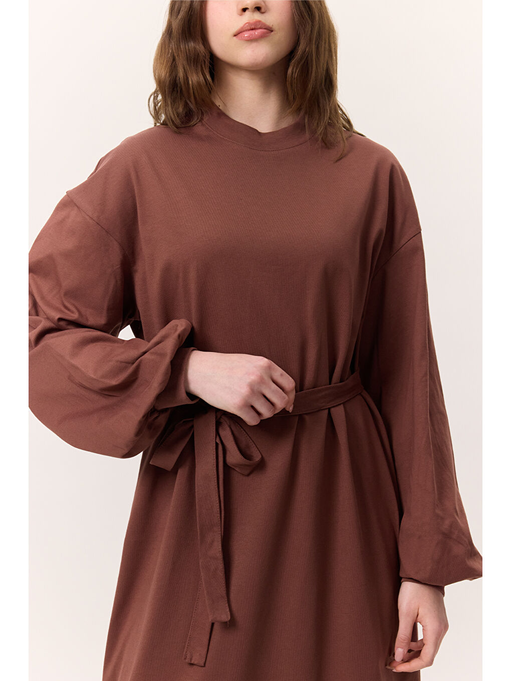 Kahverengi Balon Kollu Uzun Rahat Elbise Ağaç Kabuğu-4