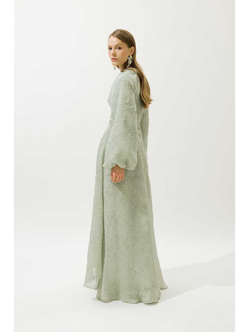 Yeşil Jakar Organze Abiye Elbise Mint-6