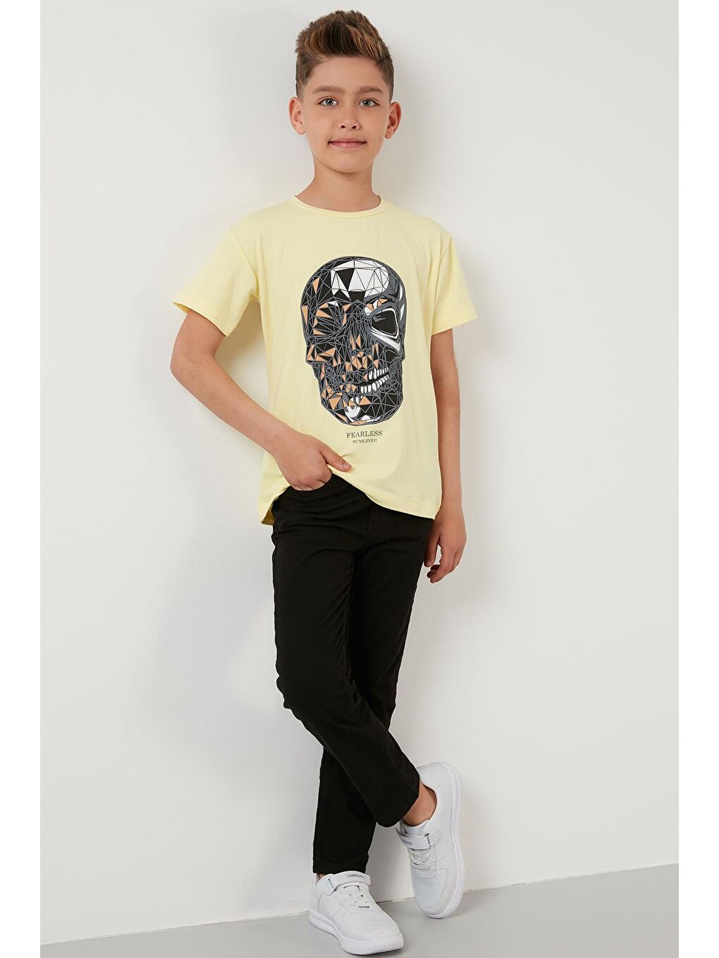 Sarı Baskılı Bisiklet Yaka Pamuklu T Shirt 6211012-3