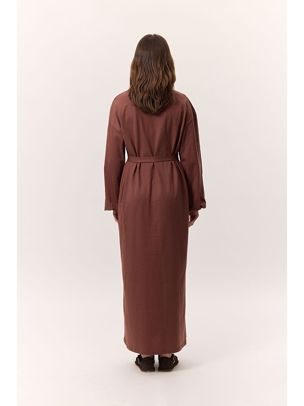 Kahverengi Balon Kollu Uzun Rahat Elbise Ağaç Kabuğu-5