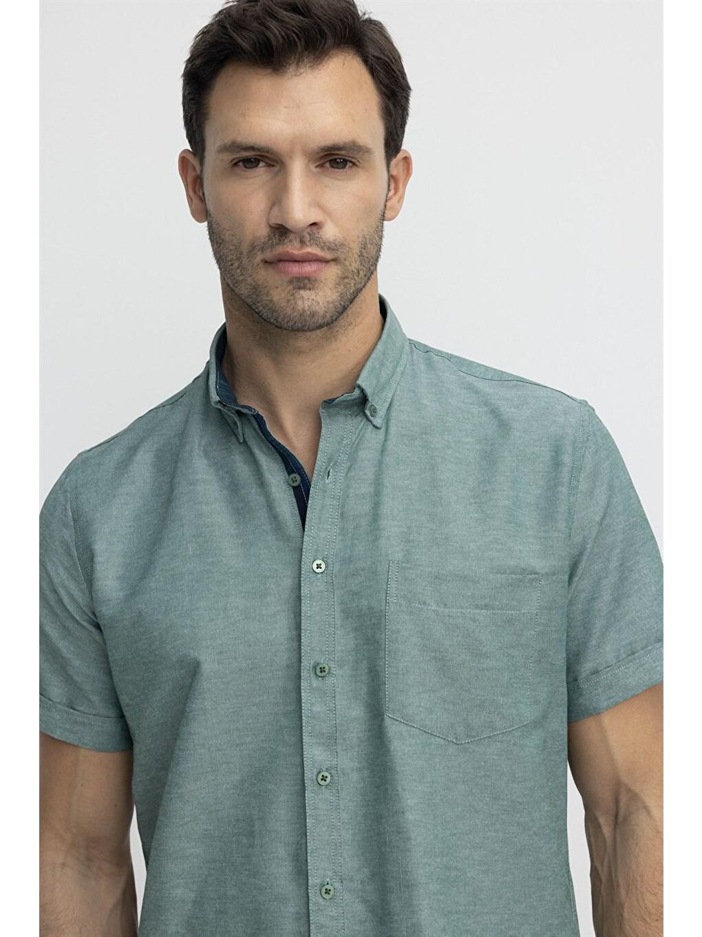Tudors Klasik Fit Kısa Kol Düğmeli Yaka Poplin Oxford Erkek Yeşil Gömlek-2