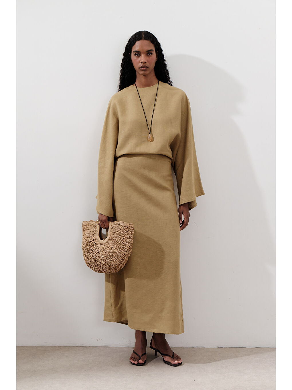 Sarı Keten Geniş Bağlamalı Elbise Köri-2