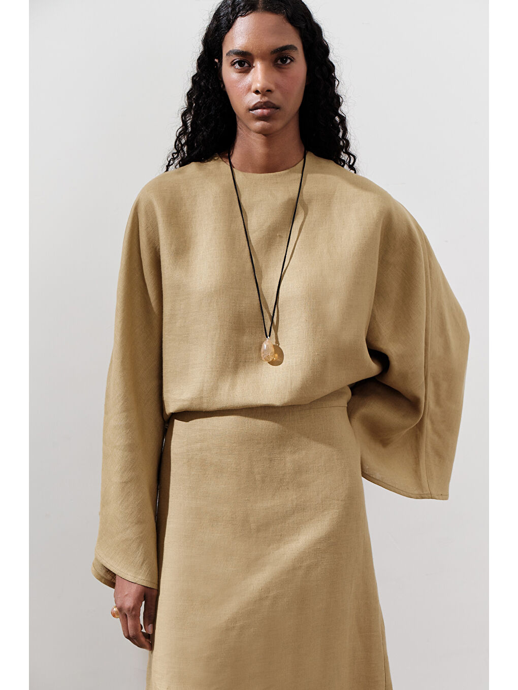 Sarı Keten Geniş Bağlamalı Elbise Köri-3