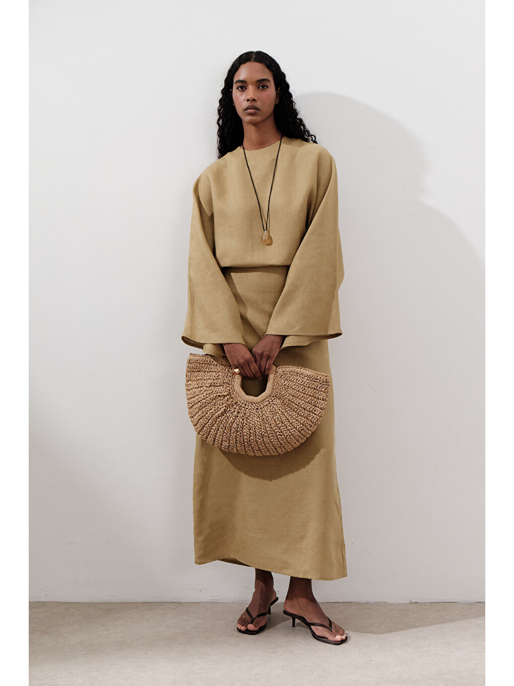 Sarı Keten Geniş Bağlamalı Elbise Köri-4