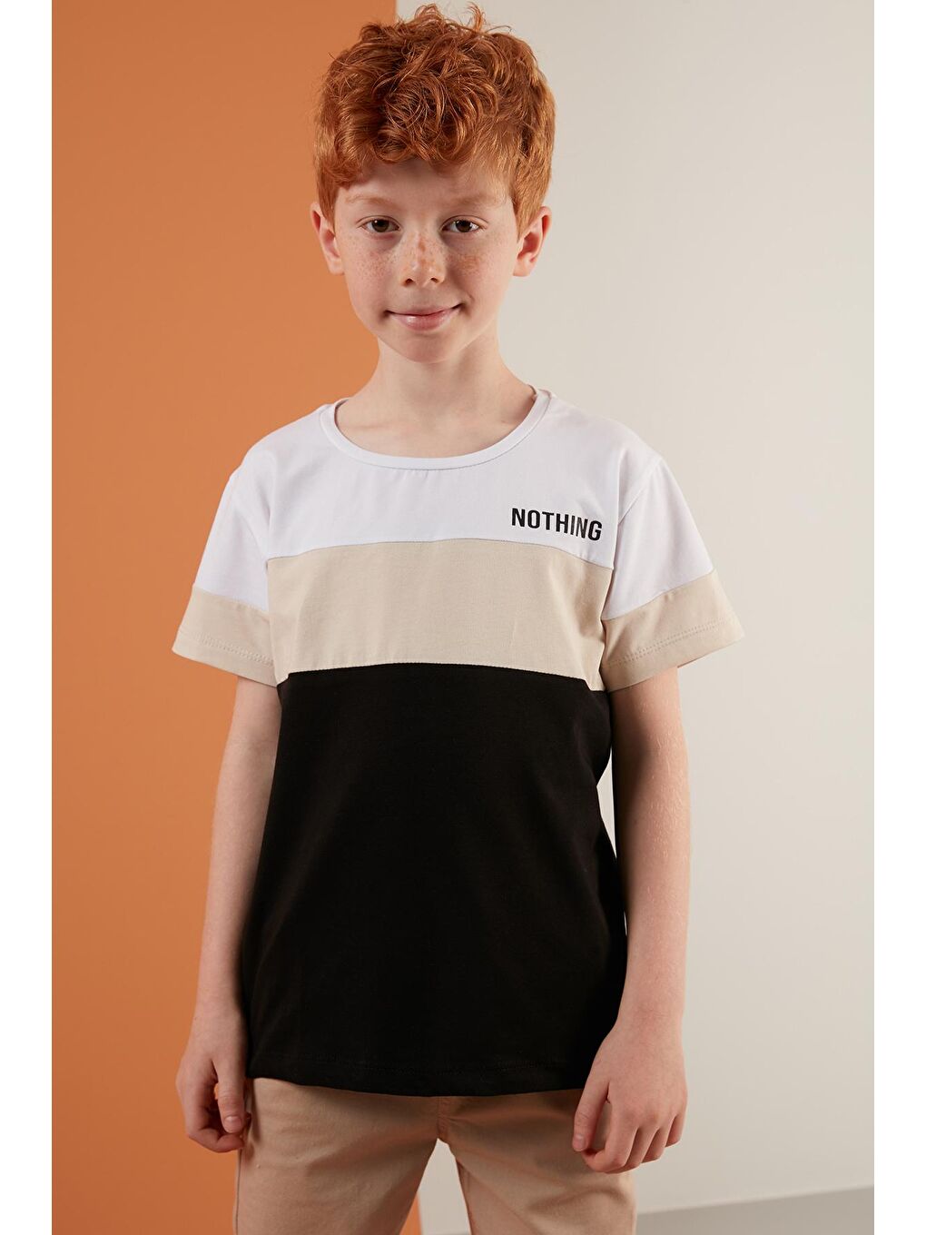 Kahverengi Renk Bloklu Bisiklet Yaka Pamuklu T Shirt 6211013