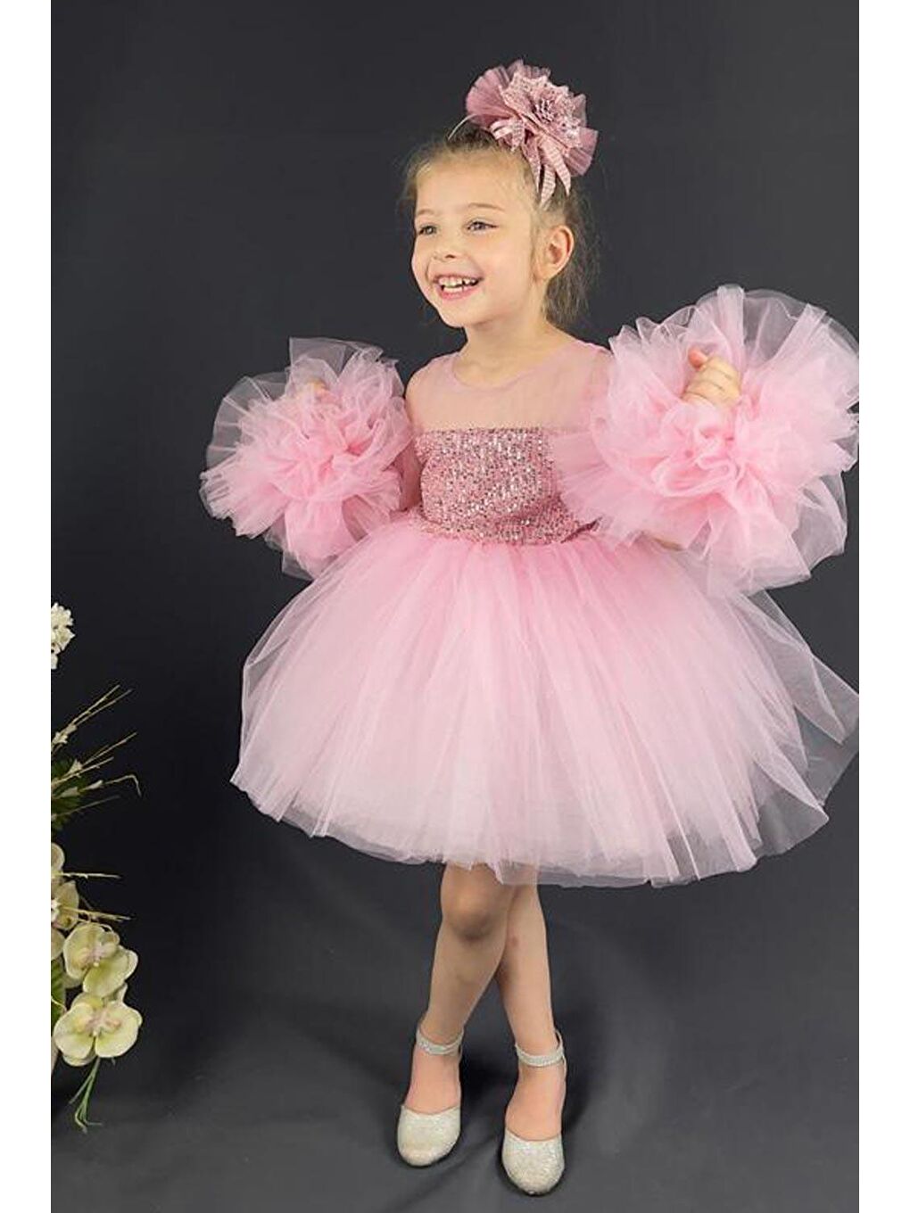 Pembe  Payetli Aksesuar Detaylı Kız Çocuk Elbise - Balenca-1