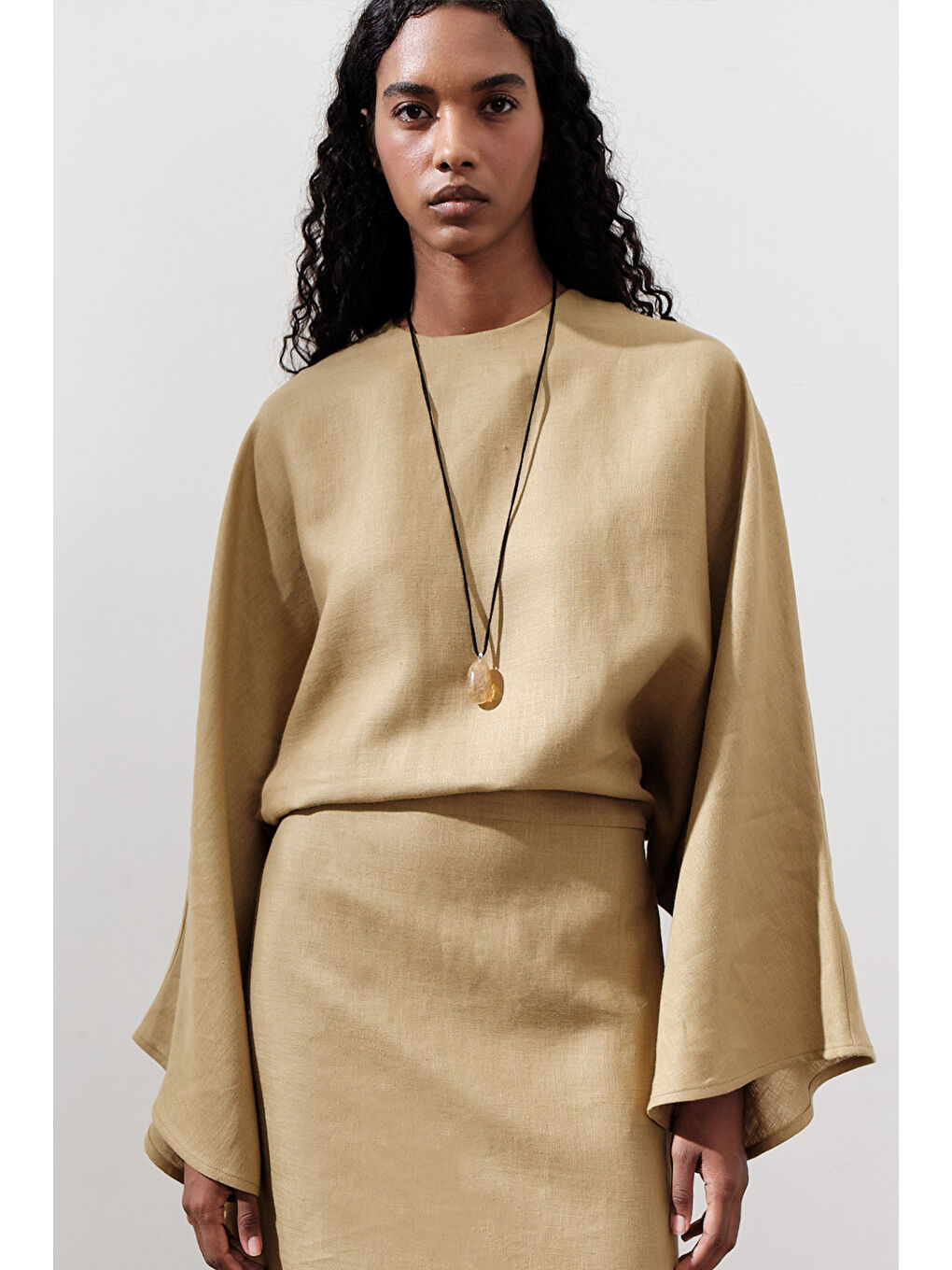 Sarı Keten Geniş Bağlamalı Elbise Köri-5