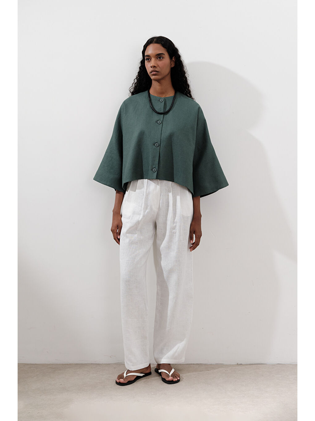 Siyah Keten Geniş Kollu Kısa Ceket Petrol Yeşili-3