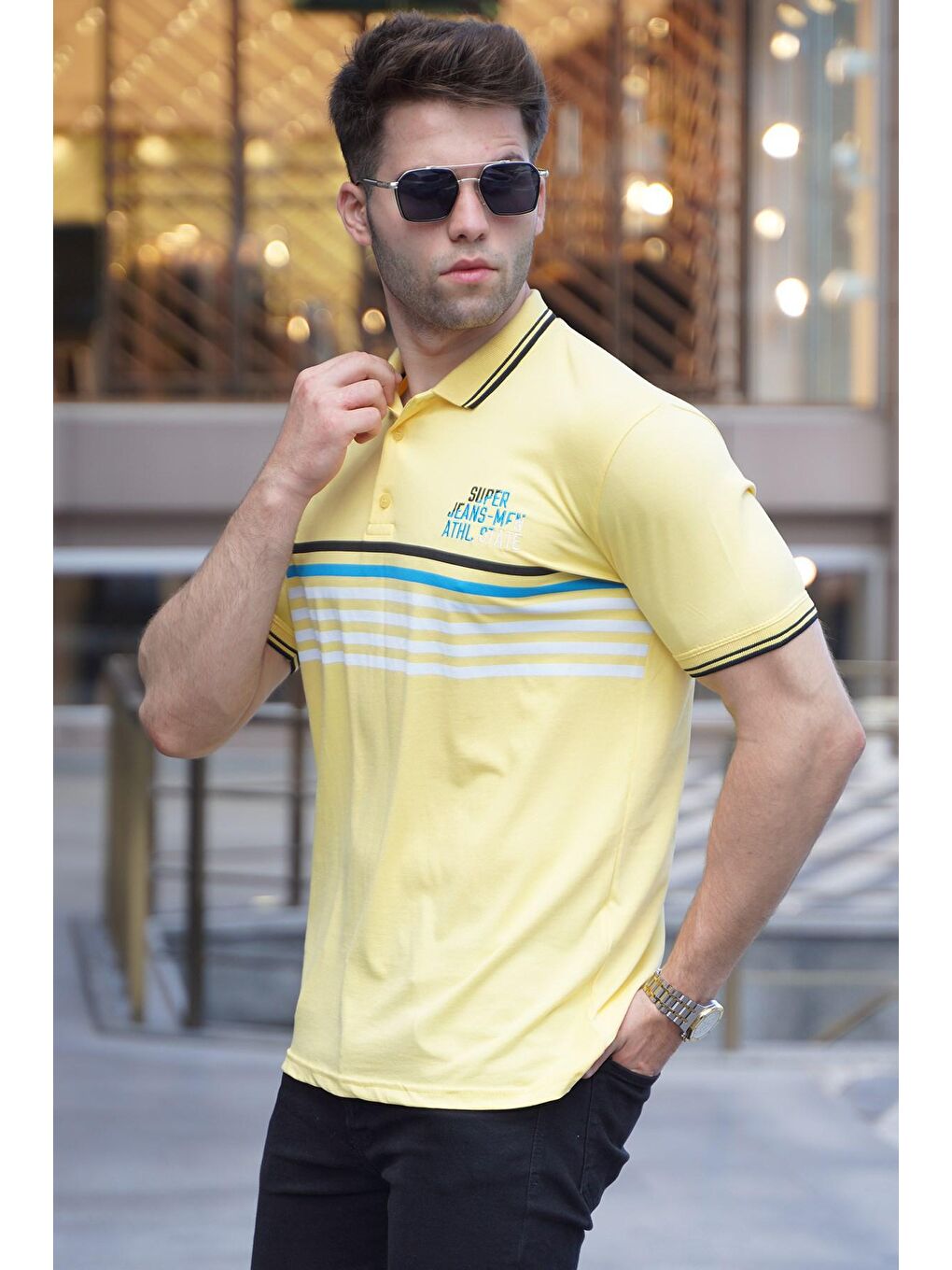 Madmext Sari Sarı Çizgili Polo Yaka Tişört 5869