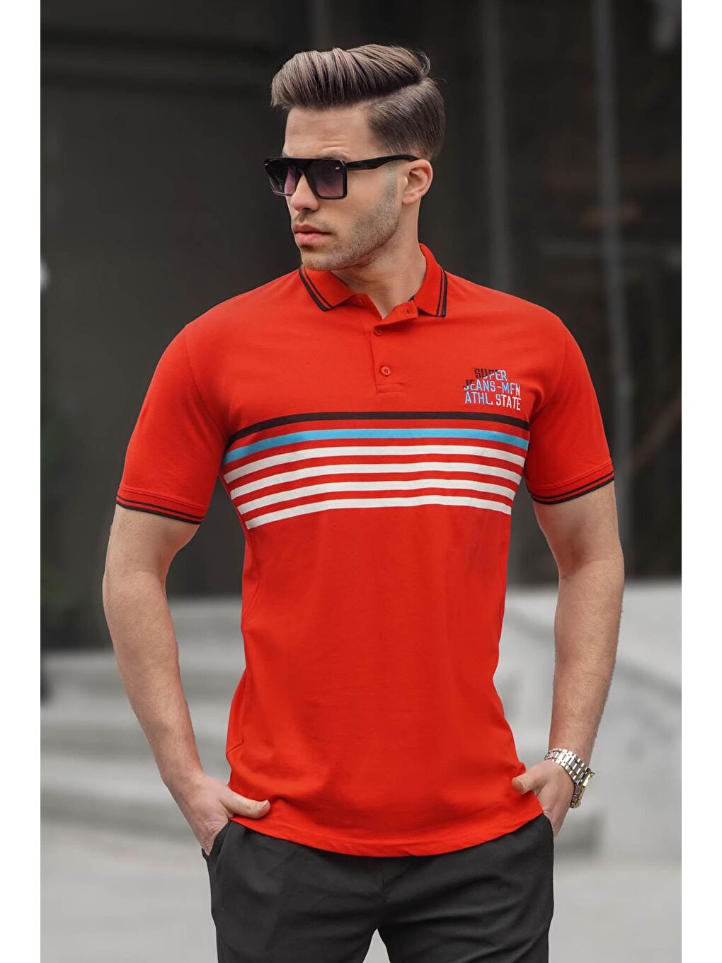 Madmext Kirmizi Kırmızı Çizgili Polo Yaka Tişört 5869