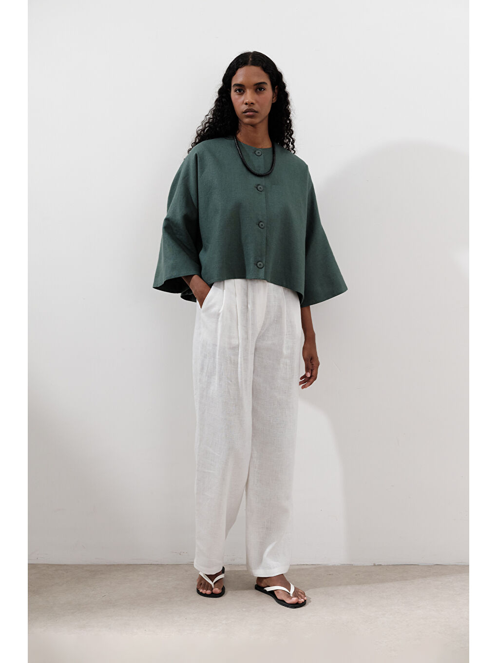 Siyah Keten Geniş Kollu Kısa Ceket Petrol Yeşili-4