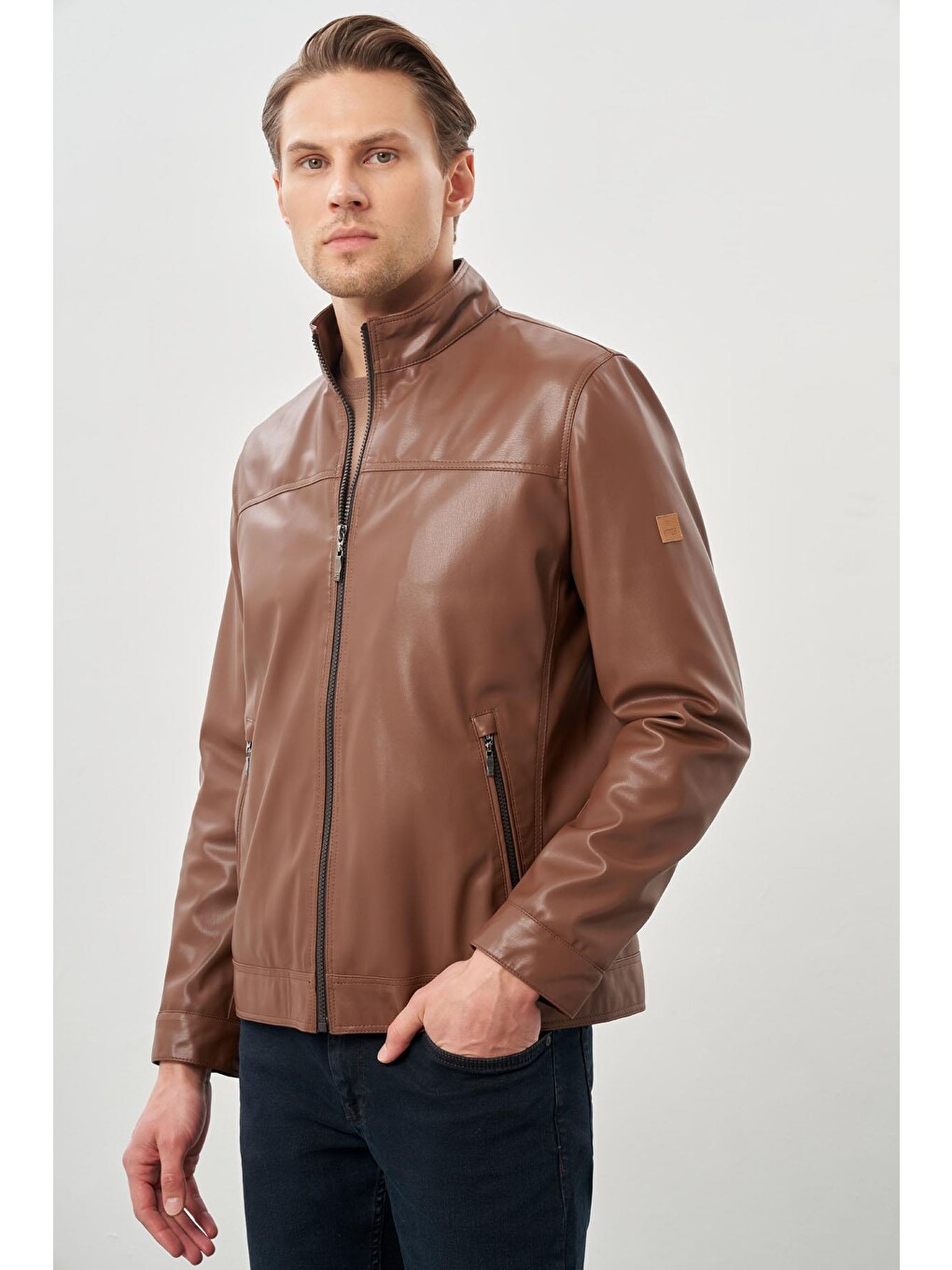 Koyu Kahverengi Suni Deri Hakim Yaka Düz Yırtmaçsız Tam Astar Slim Fit Casual Deri Mont 1038245151-2