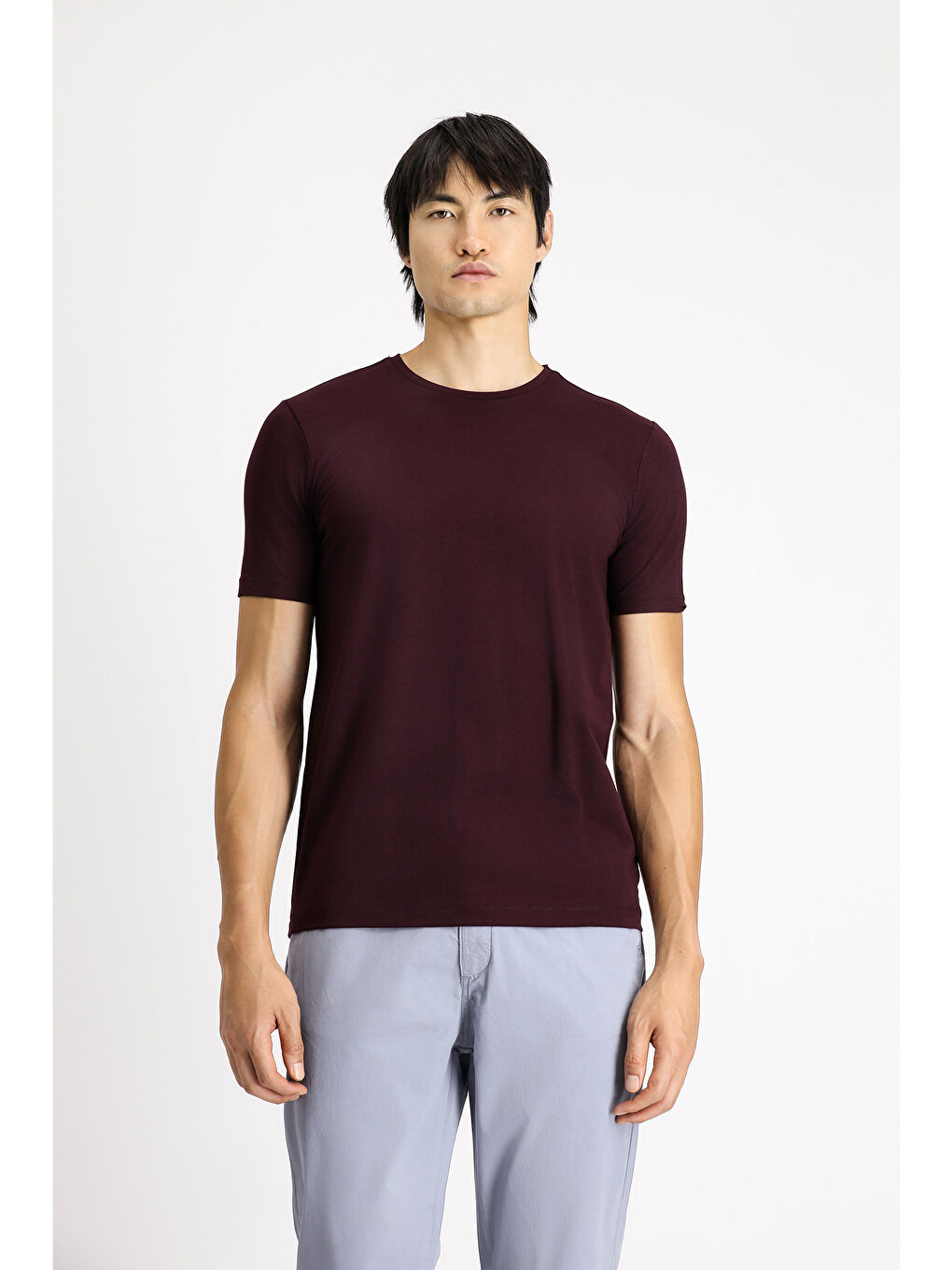 Bordo Bisiklet Yaka Slim Fit Dar Kesim Pamuklu Tişört-2