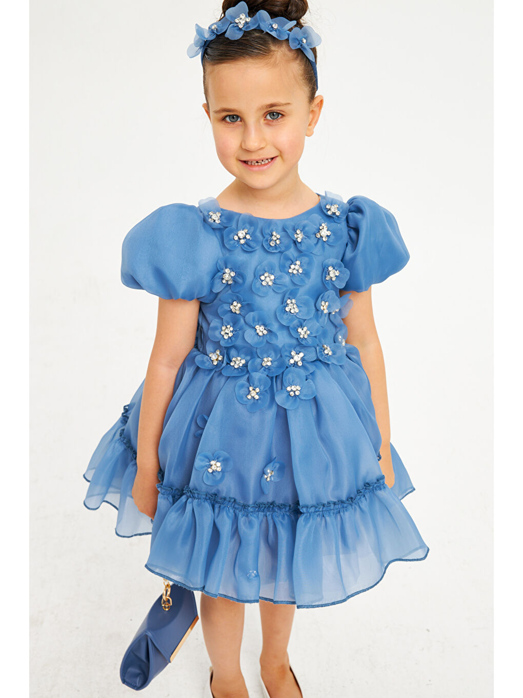 Pink Girls Indigo Robası Papatyalı Taşlı Çantalı Abiye