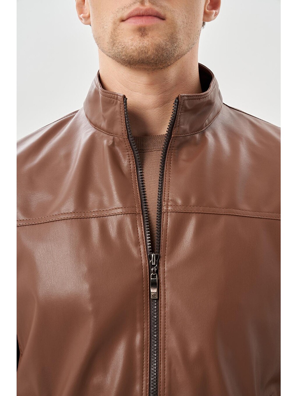 Koyu Kahverengi Suni Deri Hakim Yaka Düz Yırtmaçsız Tam Astar Slim Fit Casual Deri Mont 1038245151-3