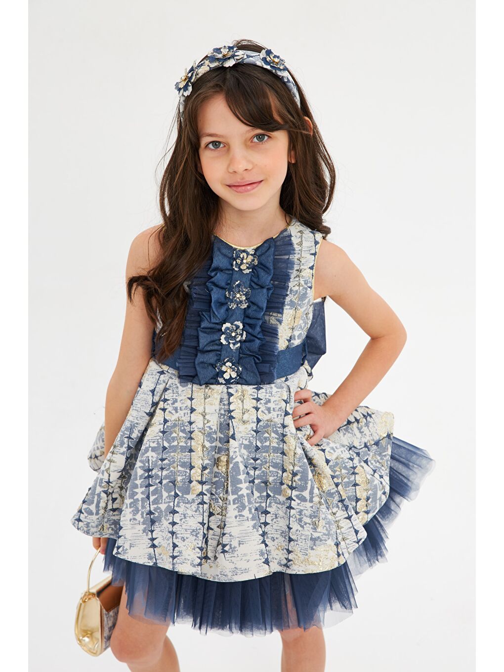 Lacivert Jakarlı 0 Kol Çantalı Taçlı Çiçekli Abiye-2