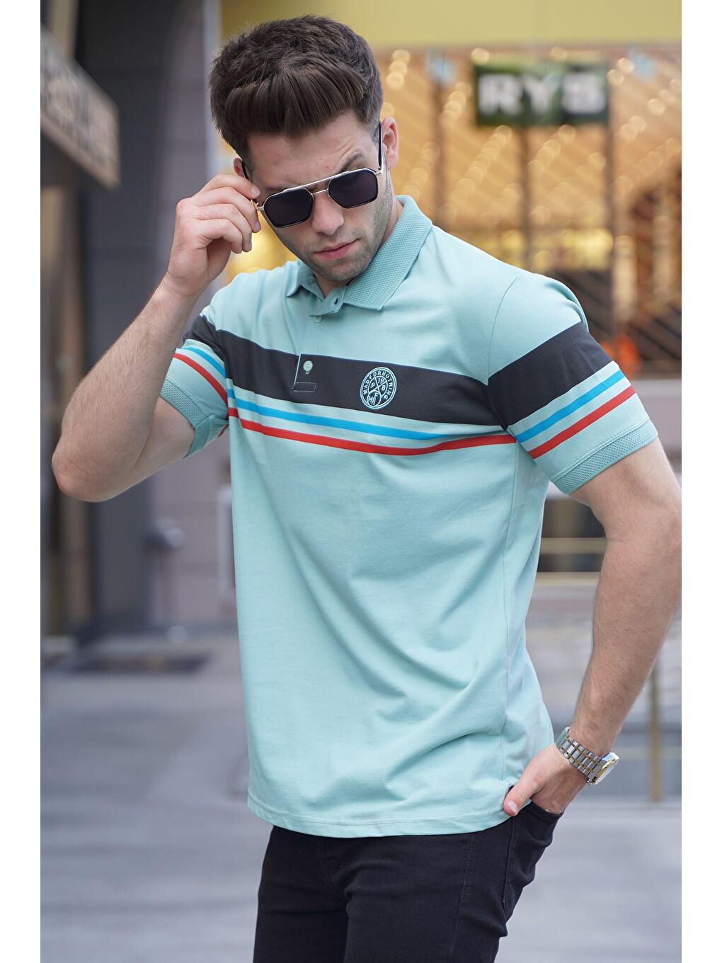 Mint Yeşili Çizgili Polo Yaka Tişört 5877-1