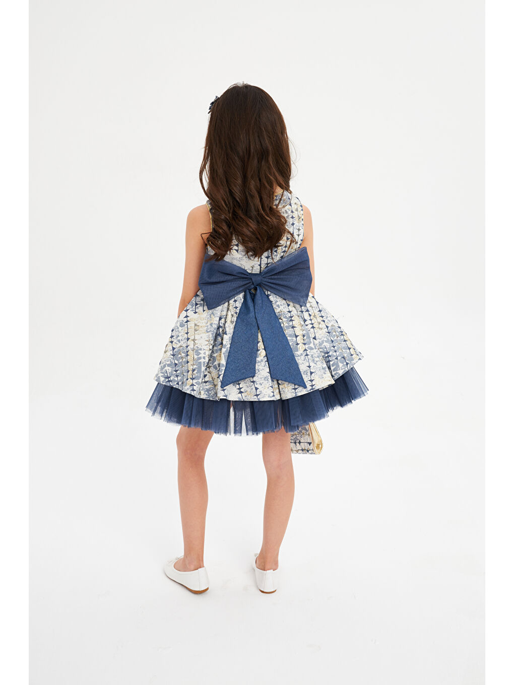 Lacivert Jakarlı 0 Kol Çantalı Taçlı Çiçekli Abiye-3