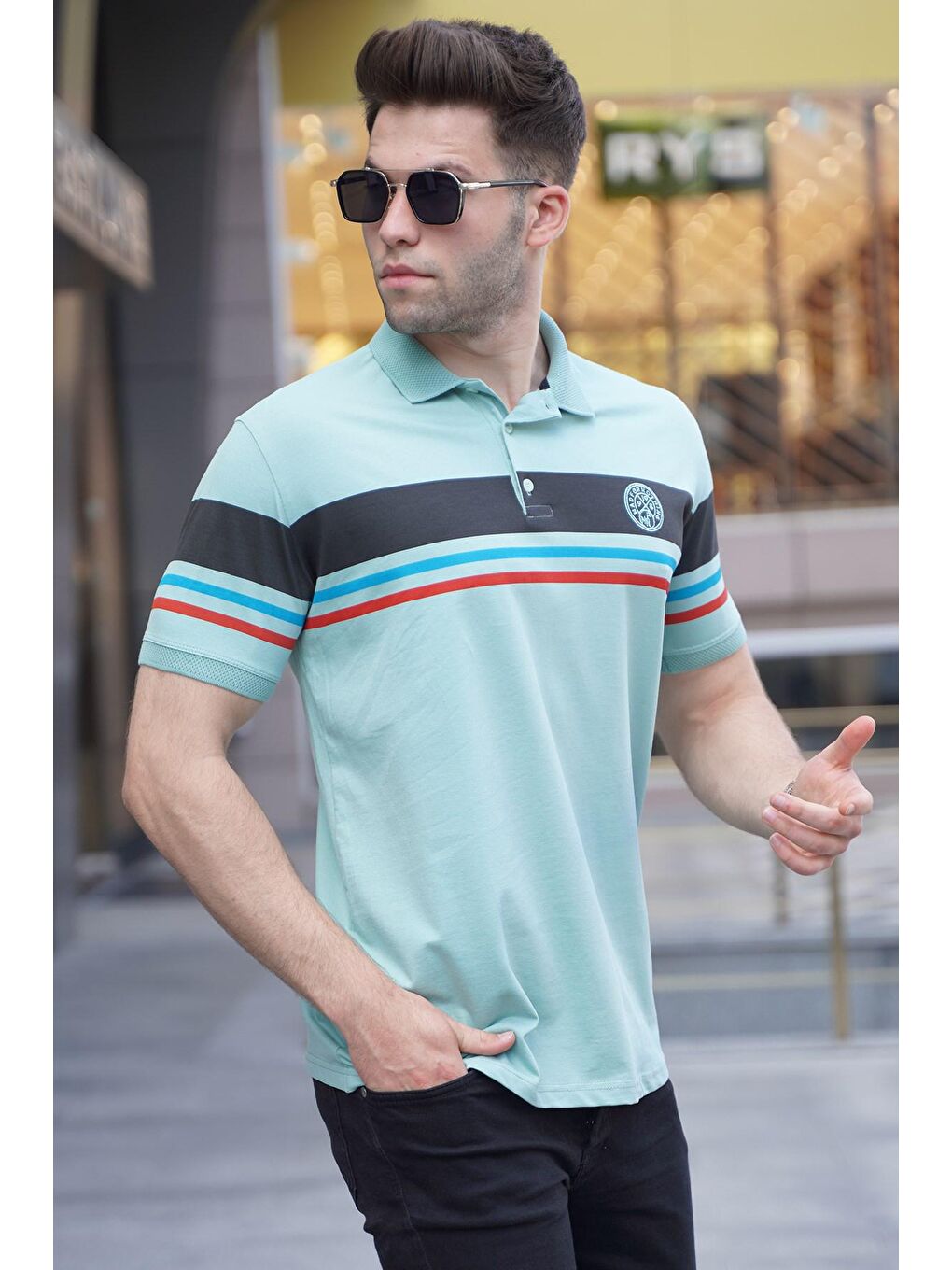 Mint Yeşili Çizgili Polo Yaka Tişört 5877-2