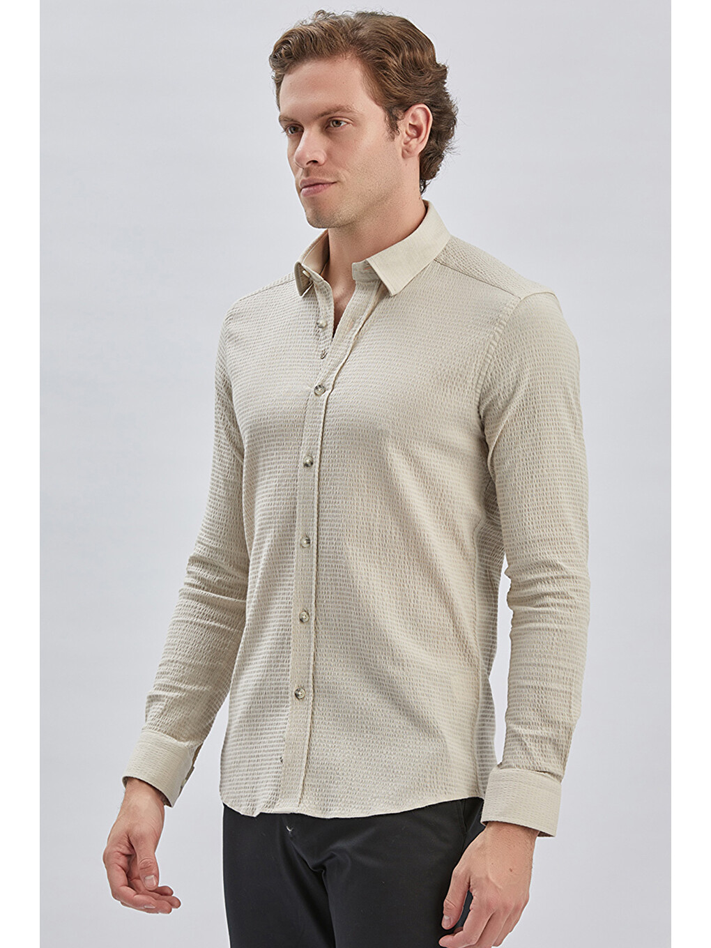 Bej Uzun Kollu Biritli Yaka Biyeli Pamuklu Elastanlı Casual Slim Fit Dar Kesim Gömlek 1004240232-1