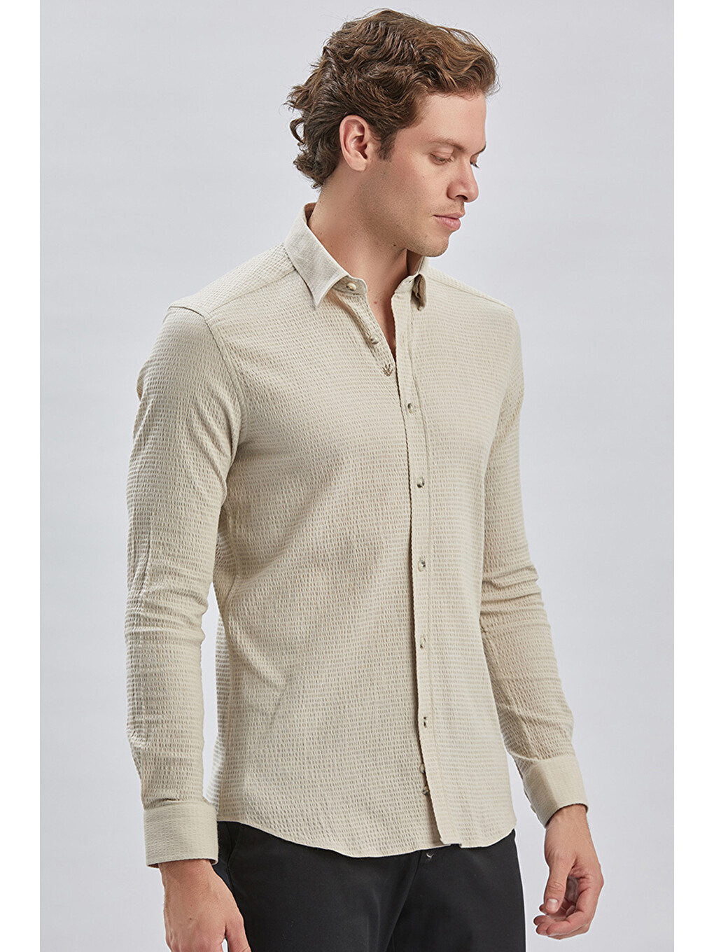 Bej Uzun Kollu Biritli Yaka Biyeli Pamuklu Elastanlı Casual Slim Fit Dar Kesim Gömlek 1004240232-2