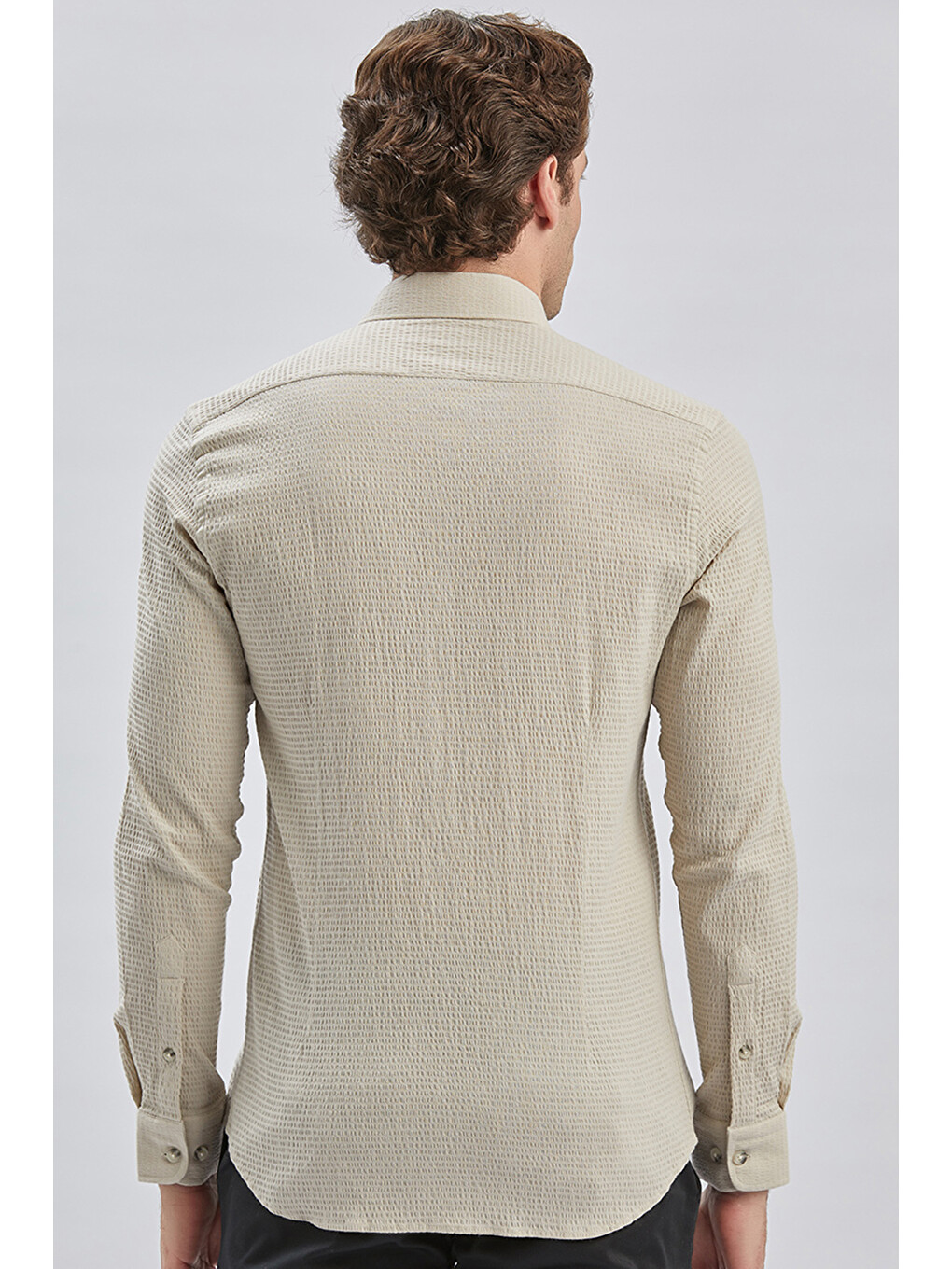 Bej Uzun Kollu Biritli Yaka Biyeli Pamuklu Elastanlı Casual Slim Fit Dar Kesim Gömlek 1004240232-4