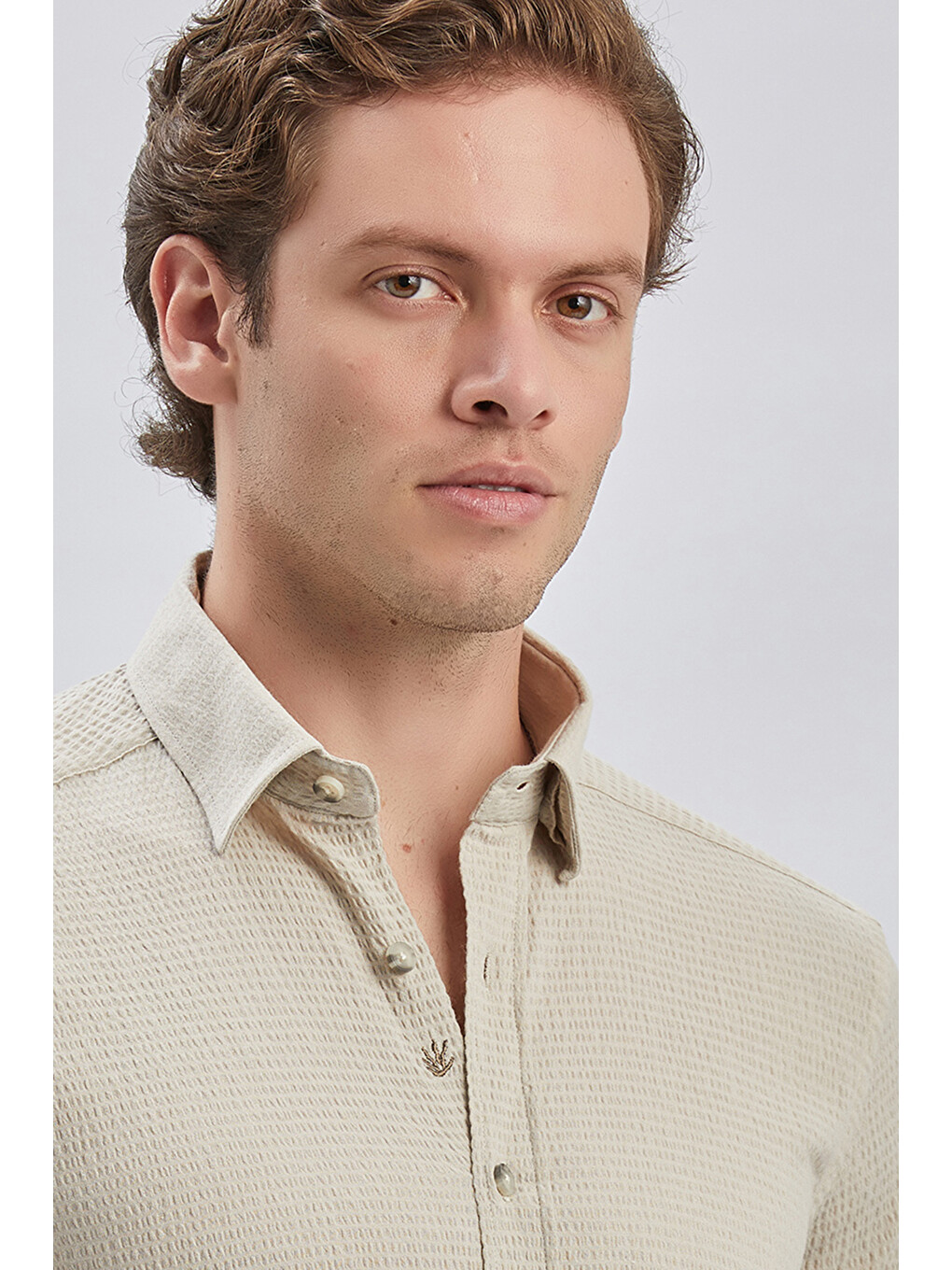 Bej Uzun Kollu Biritli Yaka Biyeli Pamuklu Elastanlı Casual Slim Fit Dar Kesim Gömlek 1004240232-5