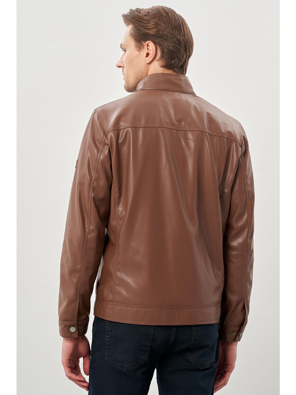 Koyu Kahverengi Suni Deri Hakim Yaka Düz Yırtmaçsız Tam Astar Slim Fit Casual Deri Mont 1038245151-4