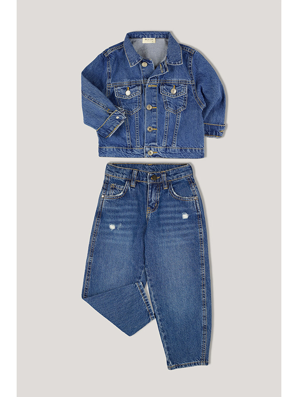 3'lü Set % 100 Pamuk Lacivert Jean Pantolon ve Ceket Takım + Fular Hediyeli-1